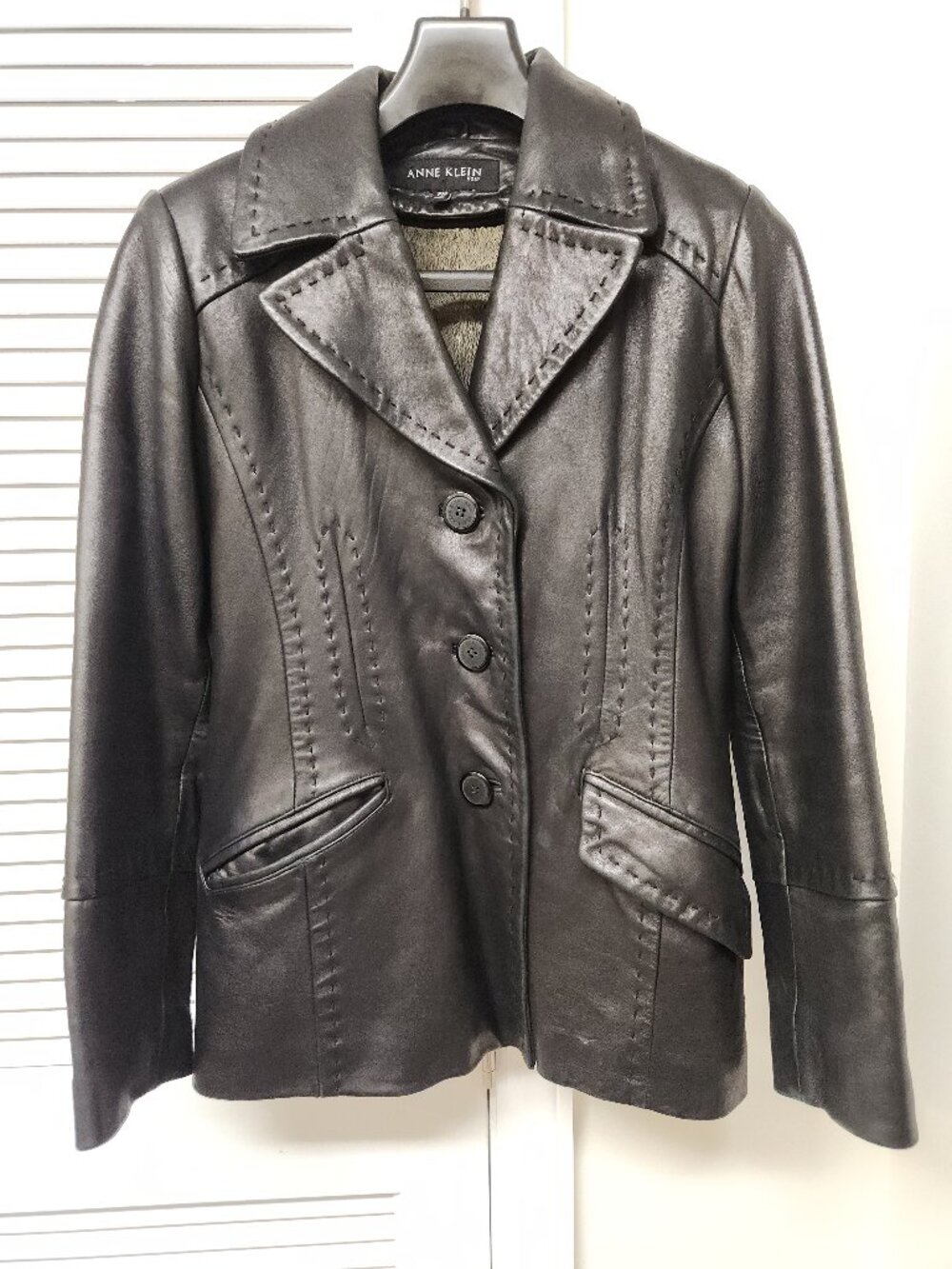 Anne Klein Vintage Leather Jacket Insulated Petite Medium Black Winter Coat